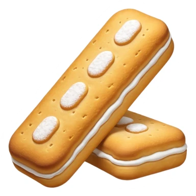 three ladyfinger biscuits, golden-brown, elongated with rounded edges, powdered sugar dusting, airy and crisp outside, spongy inside, lightly stacked or scattered, soft lighting, subtle shadows, no packaging, no plate, no faces, transparent background, emoji scale sticker