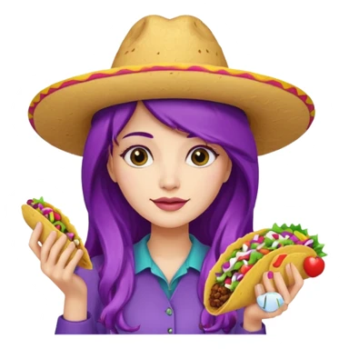 woman holding taco with purple long hair and hat on head sticker
