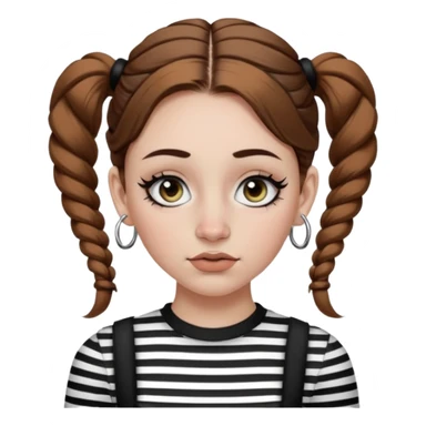 a white girl with brown hair in very low pigtails black eyeliner big false eyelashes with a septum piercing nose piercing big hoop earings dermals close to the eyes one on each side wearing a black and white striped long sleeve shirt sticker