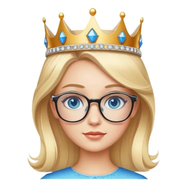 beautiful princess with blonde hair, bright blue eyes, wearing stylish glasses and a crown sticker
