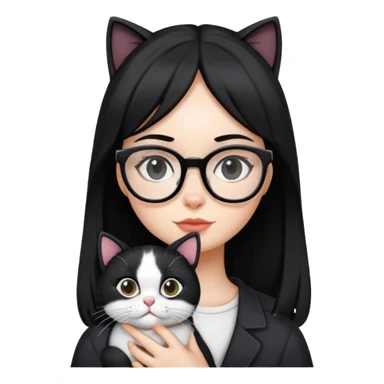 Girl with black hair wearing glasses holding a black and white cat sticker