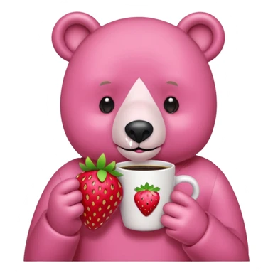 A pink bear is holding a strawberry and drinking coffee with a transparent background in a teenager hand-drawn style. sticker