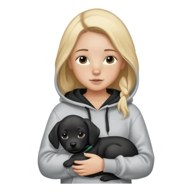 Blonde girl with smooth hair and a center part, light skin with freckles, wearing a hoodie and carrying a black baby labrador puppy in her arms sticker