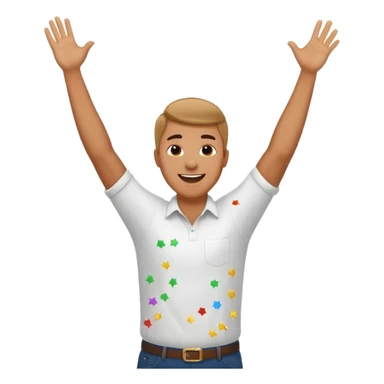 hombre sonriendo saltando con los brazos hacia arriba saltando, con fuegos artificiales, confites volando, sticker