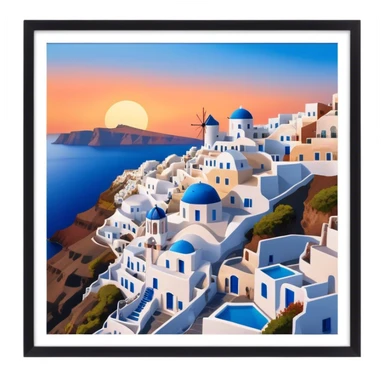 Cinematic Realistic Santorini Caldera Landmark Emoji, featuring white-washed buildings perched on volcanic cliffs, overlooking the deep blue Aegean Sea, with warm sunset hues illuminating the sky and reflecting off the water. sticker