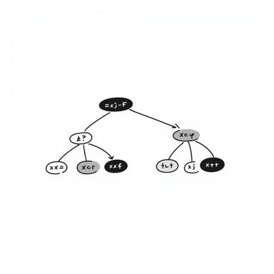 hand drawn decision tree with programming symbols like brackets variables in the nodes sticker