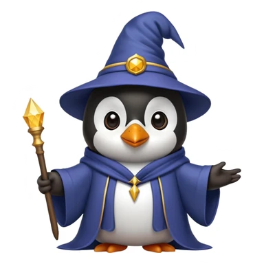 Penguin wearing wizard hat and robe holding a magic wand sticker