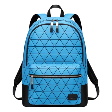A stylish cute school backpack, medium-sized, with a modern design in blue and black. It features a geometric pattern of subtle triangles across the front pocket, giving it a sleek yet dynamic look, front view sticker