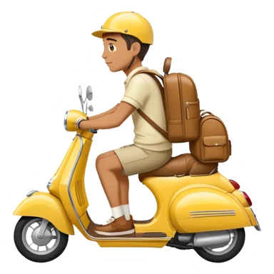 Man on a Vespa going right. Vespa is yellow color. The man has a backpack and summer clothes  sticker