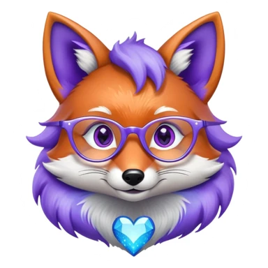 A whimsical fox with sparkling purple-blue fur, a glowing tail, a silver star on its forehead, and round glasses, with heart-shaped eyes, looking in love sticker