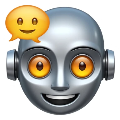 smiling robot head with glowing eyes and a speech bubble, emoji style sticker