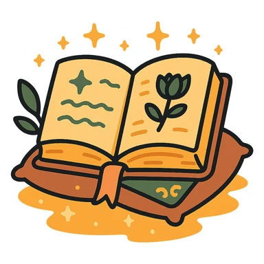  cute open book lying on a cozy surface, designed in a soft and magical color palette: golden orange (FA9B41), deep forest green (4A7C5C), warm taupe brown (96775A), and pastel peach (FFCC9A). The pages are slightly aged with gentle curves, featuring whimsical illustrations, tiny stars, and elegant handwritten text. The book cover, visible beneath the open pages, has decorative patterns and a ribbon bookmark in peach and green tones. Around the book, add soft light, a few leaves, or glowing sparkles, creating a dreamy, enchanted, storybook-like atmosphere. The overall mood is warm, magical, and gentle sticker