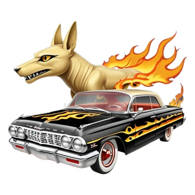 Satan’s streamlined Hot rod custom 1964 impala low rider four door Anubis themed painted hood flaming side-mounted chrome exhaust pipes driving straight to hell  sticker