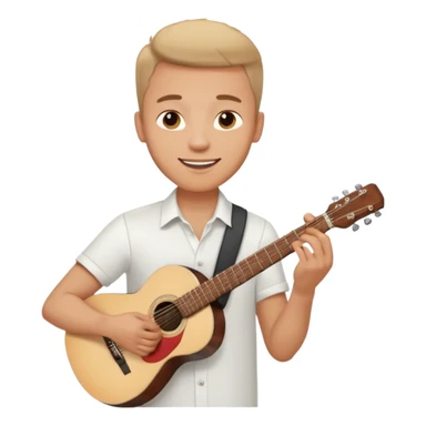 male memoji, man in a white shirt, holding a guitar, dreamy smile sticker