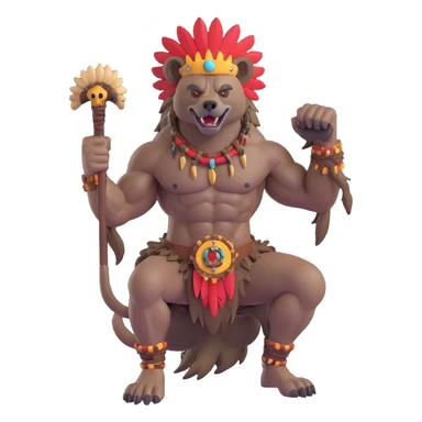 A native strong buff hyena with war bonnet flexing posing full body holding a chopped off human head by the hair  sticker