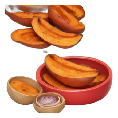 grilled sweet potatoes in a red plate with onion rings sticker