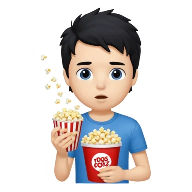 generate a pretty fair bratz boy with a blue tshirt on. eating popcorn. messy black hai sticker