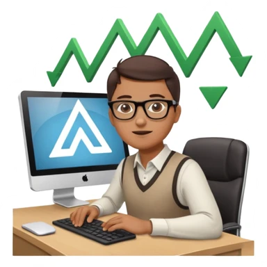 A person sitting at a desk working on a computer with upward arrows and percentage signs, suggesting digital sales, marketing, or outreach. sticker