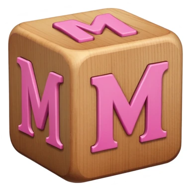 A rounded toy block with the pink letter "M" on it sticker