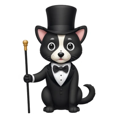 A black dog with white on his nose and chest in almost a tuxedo way with a top hat and a cane looking extra adorable  sticker