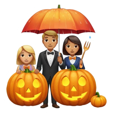 Make a guy hugging a giant pumpkin with a fork in his right hand while there's fire while there's a lady watching while it's raining while there's an umbrella on the ground that's alive and the sun has a bow tie on his neck sticker