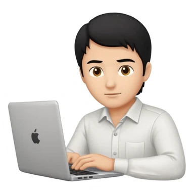 a fair man with black hair working on laptop , front view sticker