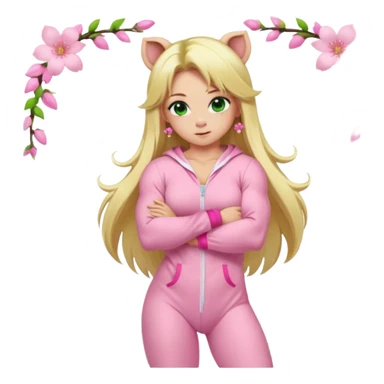 sexy and muscled, full body, in pink kegurumi pig pijamas, sexy girl, long blond hair, beautiful green eyes, makeup, earrings, muscled, surrounded by pink flowers and sakura petals sticker
