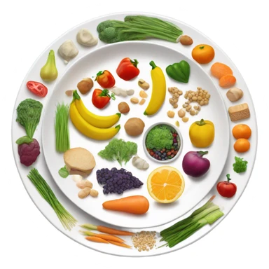 a large white round plate of realistic healthy food sticker
