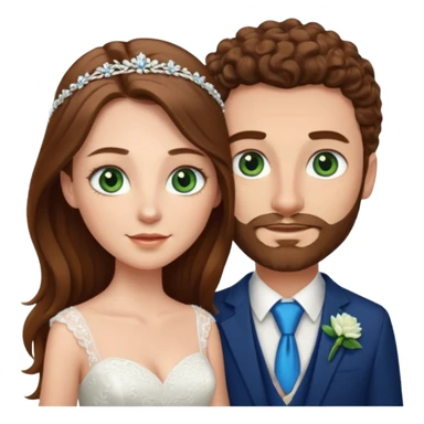 wedding couple, woman has long straight brown hair and green eyes, man has short light brown curly hair and facial hair with blue eyes sticker