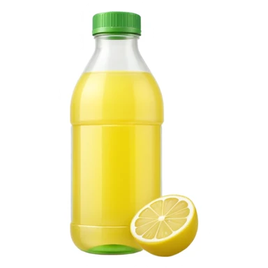 lemon juice bottle, small, transparent, pale yellow liquid, lemon-shaped or curved plastic, light translucent juice, green or yellow cap, clean minimal, no branding, no glass, no lemon slices, no background, no faces, clean 3D, soft shadows, transparent background, emoji scale sticker