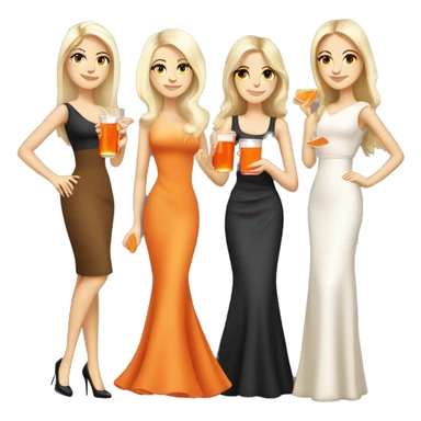 Four beautiful white european girls, one with blond hair and two dark blond hair in dresses drinking aperol sticker