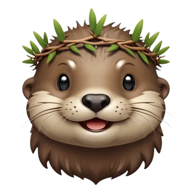 really cute smiling joyful otter face in three-quarter profile view with simple thorny stem wrapped horizontally around its forehead like Jesus Christ's Crown of thorns, no crown shape on top, just thin spiky branches circling the forehead, Apple emoji style, glossy finish, smooth gradients sticker