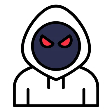 white hoodie character with a black circular face and glowing red angry eyes, minimalistic design sticker