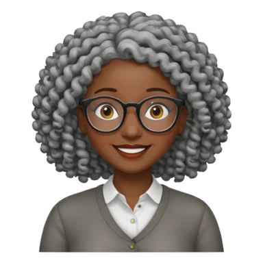 smiling dark black woman wearing glasses with lots of curly gray hair a sticker
