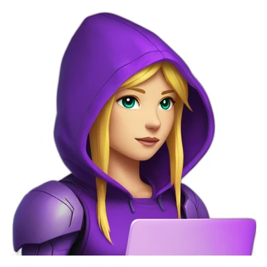 Girl developer behind his laptop with this style : Nintendo Samus Video game neon glowing bright purple character purlple black hooded hacker themed character sticker