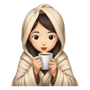 Asian girl wrapped in cozy blanket drinking coffee sticker