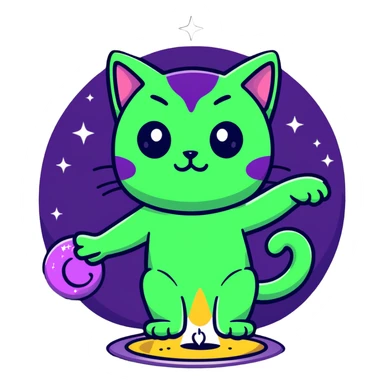 alien cat casting a spell with sparkles and stars sticker