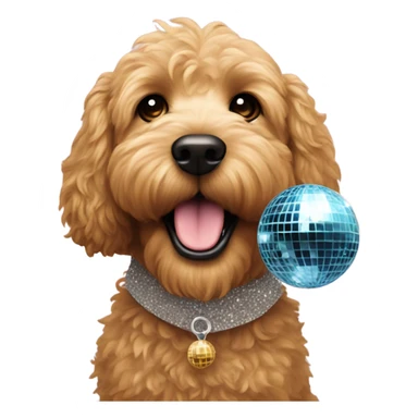 Mini Golden doodle holding discoball sticker