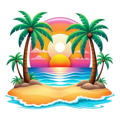 3D, psychedelic colored hippie style beach with setting sun and palm trees sticker