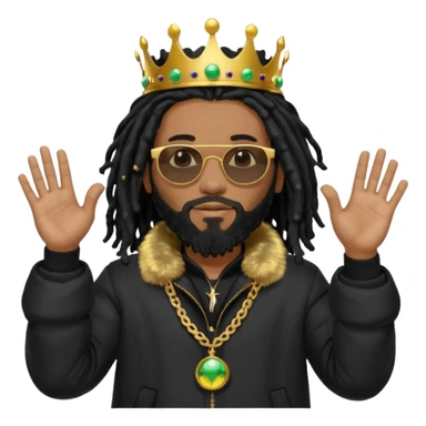 African American man with shoulder length black dreadlocks with black beard wearing black sunglasses with a black bubble winter coat wearing a crown with hands out sticker