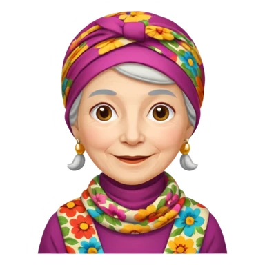 A kind old Russian village grandmother emoji — elderly woman wearing a bright floral headscarf tied under her chin, colorful patterned dress, warm smile, simple rural look. Flat minimal emoji style, clean Apple-like design. sticker