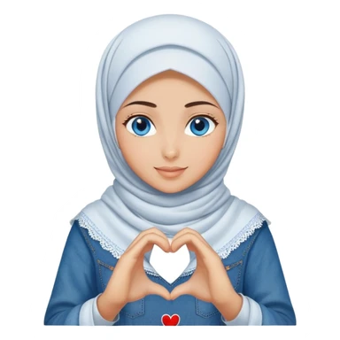 Turkish beautiful finish Konya girl blue eyes with denim hijab islamic dress and making heart with hands and with thank you text sticker
