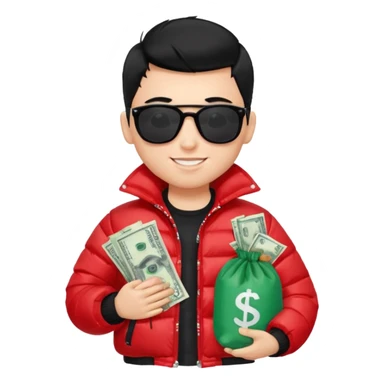 a pretty bratz boy with black hair, holding a bag of money, sunglasses on, red puffer jacket sticker