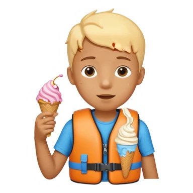 boy kid wearing lifejacket, holding ice cream sticker