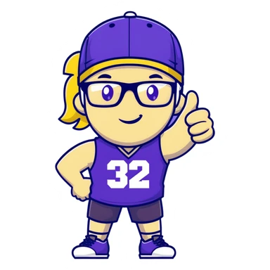 Man with black and white cap, purple sports jersey with number 32, clear glasses, disheveled light blond mullet hairstyle, thumbs up gesture, relaxed expression sticker