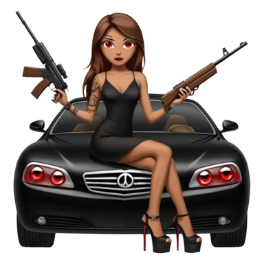 Lilith tan skin female red eyes symbol. Tattoo arms. Her hair is brown straight long hair.wearing sexy long sexy Chanel dress with slit. black stiletto thick platform high heels shoes on. Sitting on giant luxury car with cash inside . She is holding a sniper rifle in one hand cash in other hand sticker