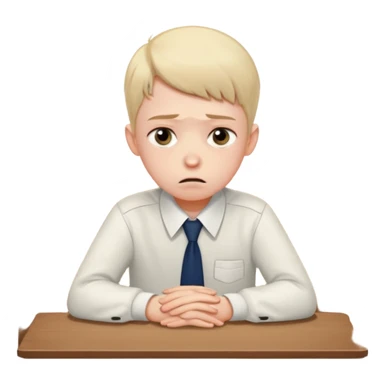 an anxious boyin school uniform sitting in front of a table sticker