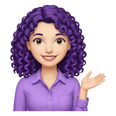 mujer blanca con cabello largo rizado negro sonriendo con camisa lila sticker