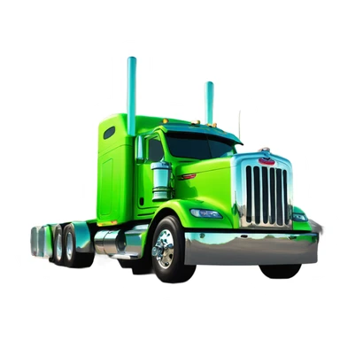 neon green peterbilt semi truck lowered on the ground with large chrome wheels and chrome smoke stacks sticker