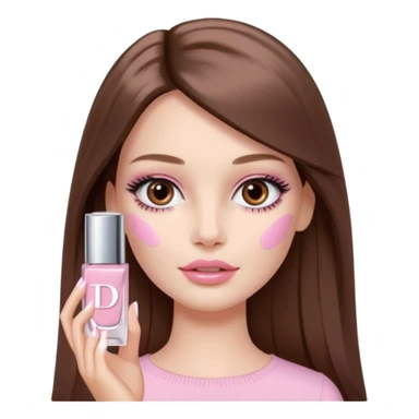 Barbie girl a brown long Straight hair and brown eyes is In pale pink smears by hand cosmetic cream Dior on her face sticker